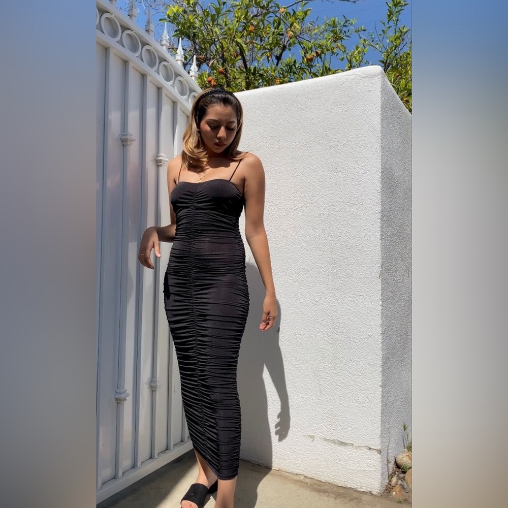 NWT ASOS Curve Ruched Gathered Fabric Maxi Dress Spaghetti Strap Black Sz 14
